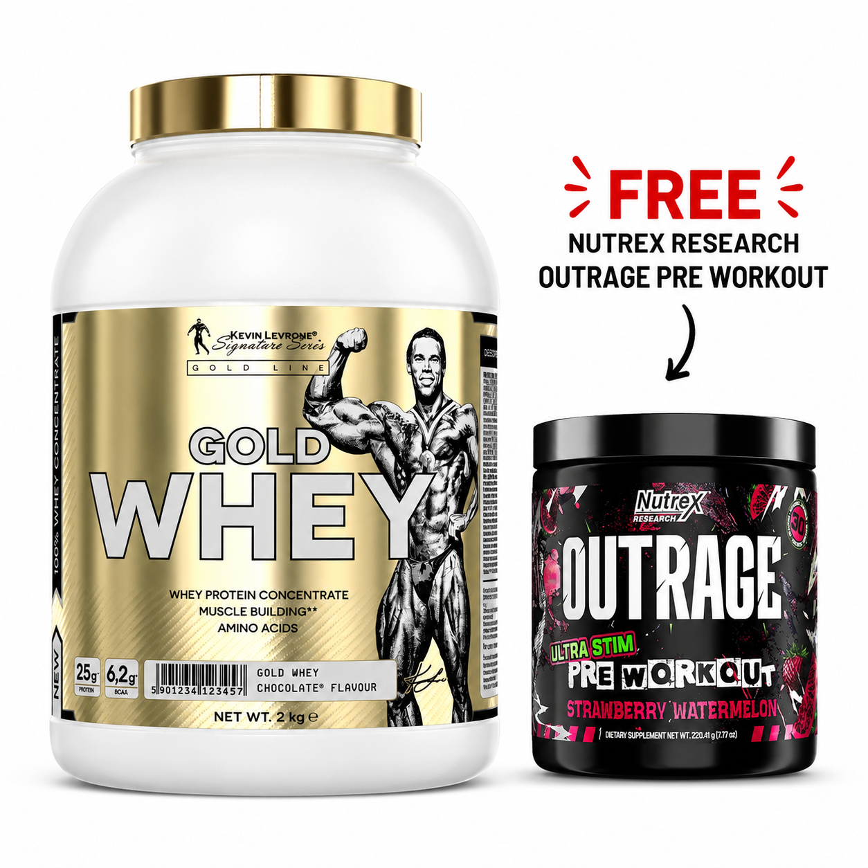 Kevin Levrone Gold Whey 2kg + Nutrex Research Outrage Pre Workout 30 Servings