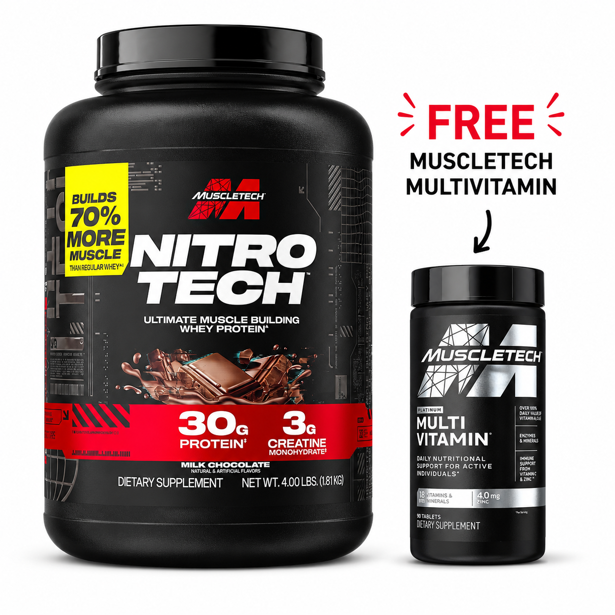 NitroTech Whey Protein 4lbs + Muscletech Multivitamin 90 Capsules